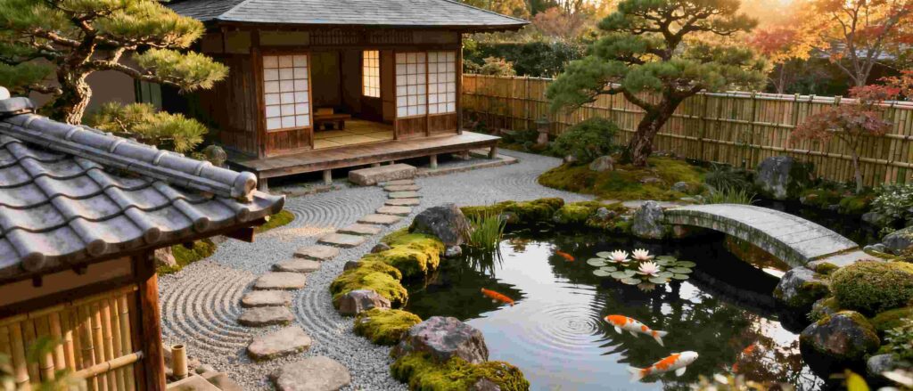 Serene Zen garden in Tokyo featuring traditional tea house and tranquil koi pond