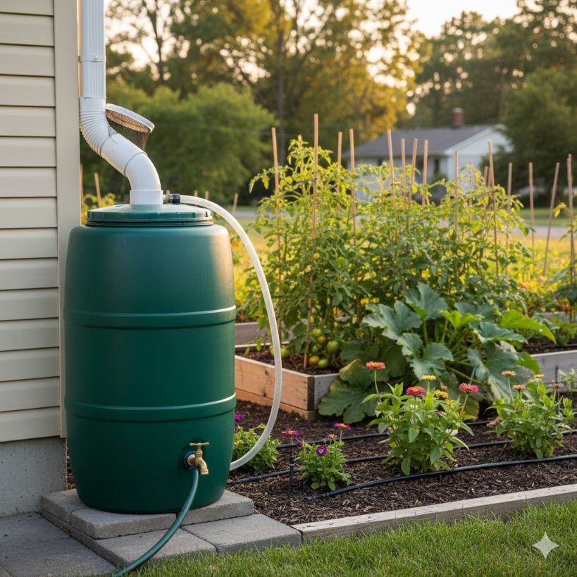  Thriving garden landscape during dry season with rain collection system visible