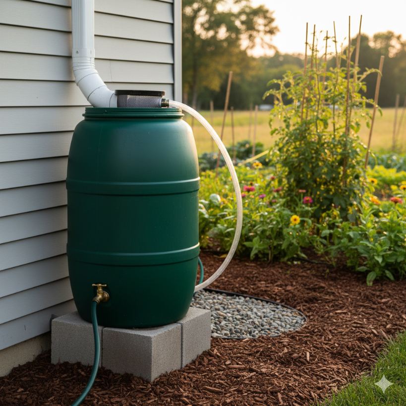  Thriving garden landscape during dry season with rain collection system visible