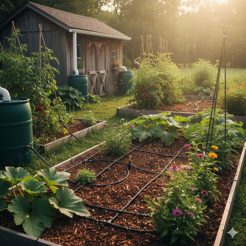  Thriving garden landscape during dry season with rain collection system visible