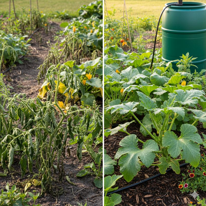 Thriving garden landscape during dry season with rain collection system visible