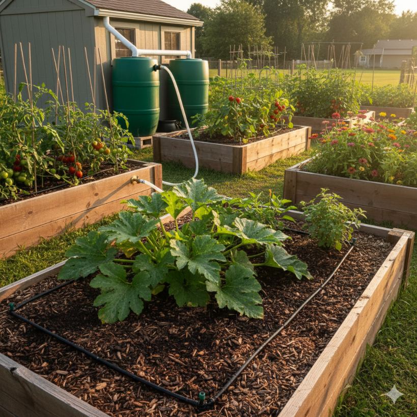  Thriving garden landscape during dry season with rain collection system visible